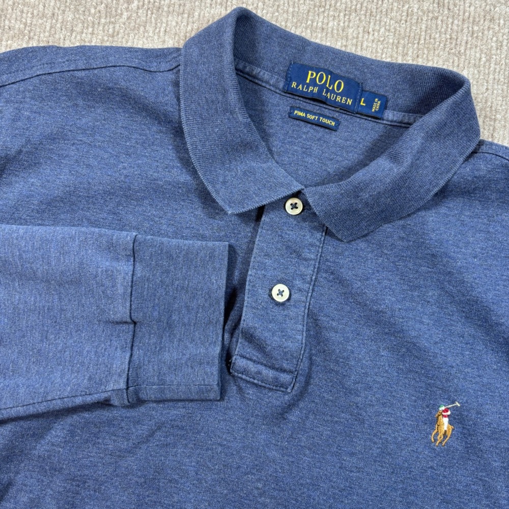 Polo Ralph Lauren‎ Blue Pima Soft Cotton Polo Shirt Men's Size Large Flesh Pony